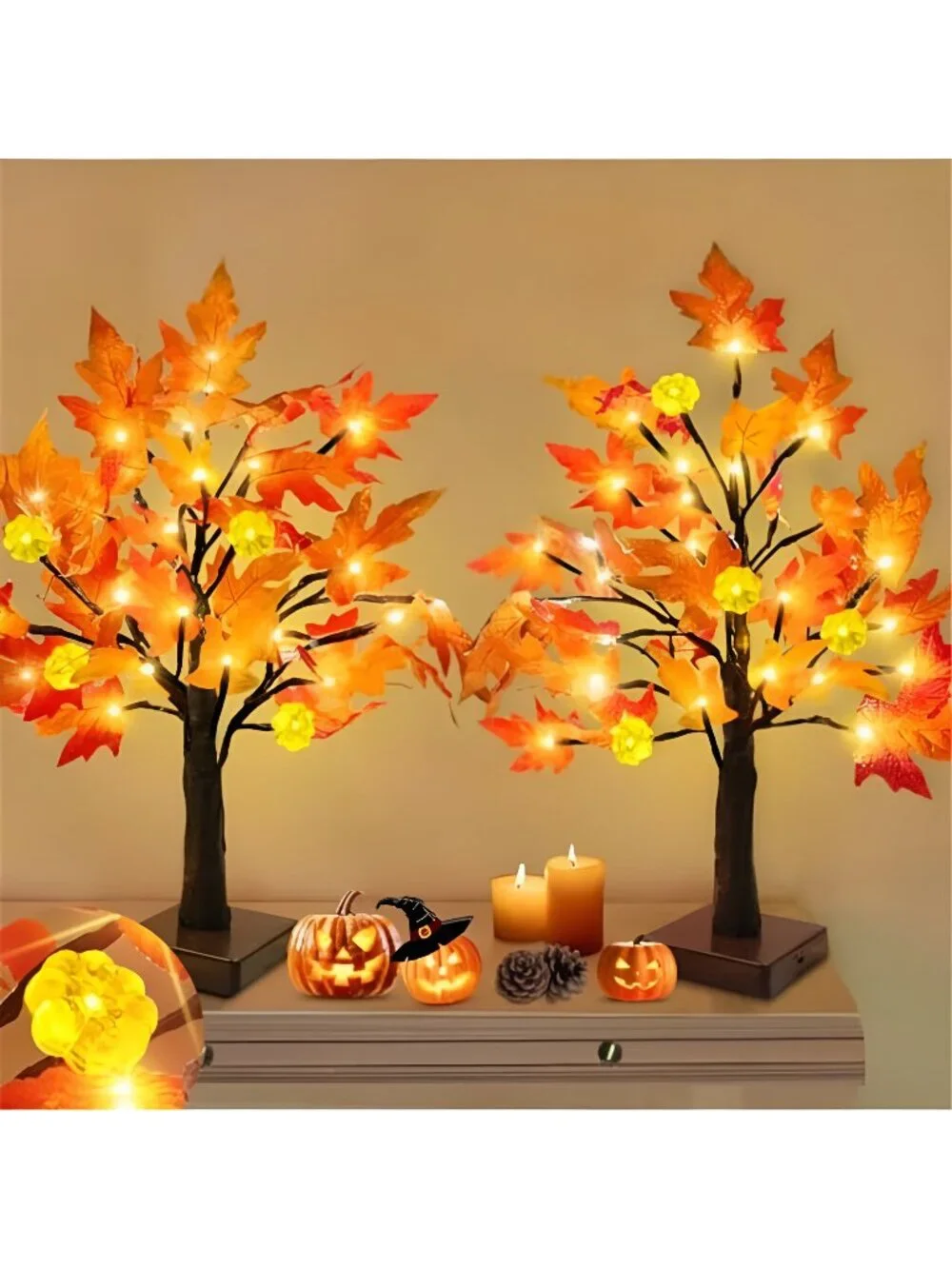 Fall Decor 2 Pack 18 Inch Prelit Fall Maple Tree 48 LEDs Timer